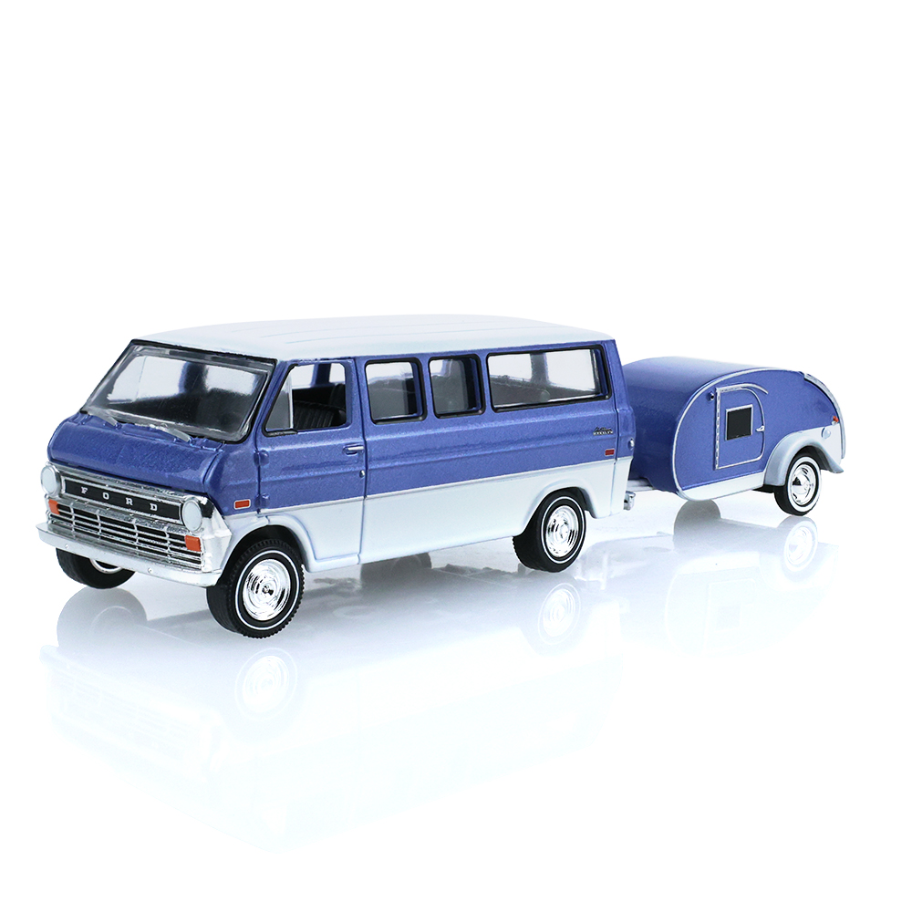 1974 Ford Club Wagon ‐ Medium Blue with Tear Drop Trailer